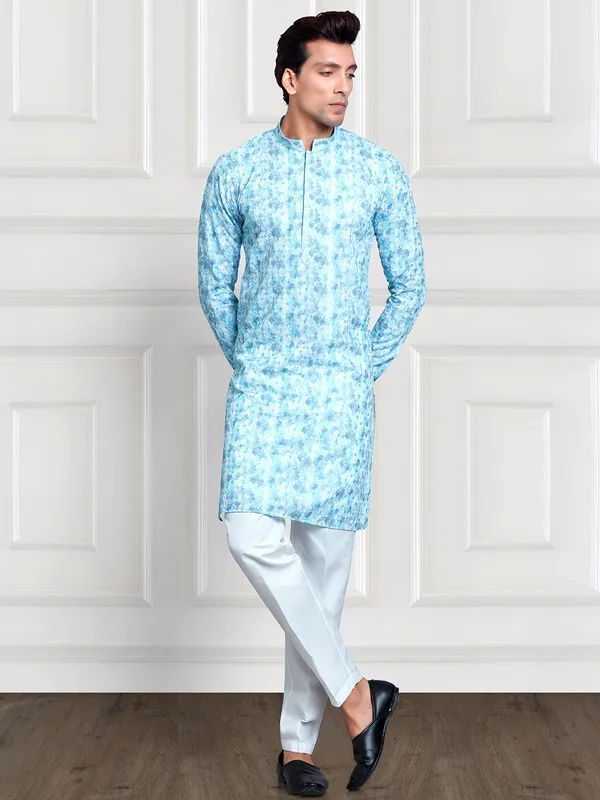 Sky blue tie dye  Men Kurta pajama in rayon cotton