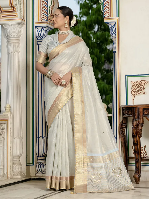 Sky Blue tissue silk saree with gota embellishments