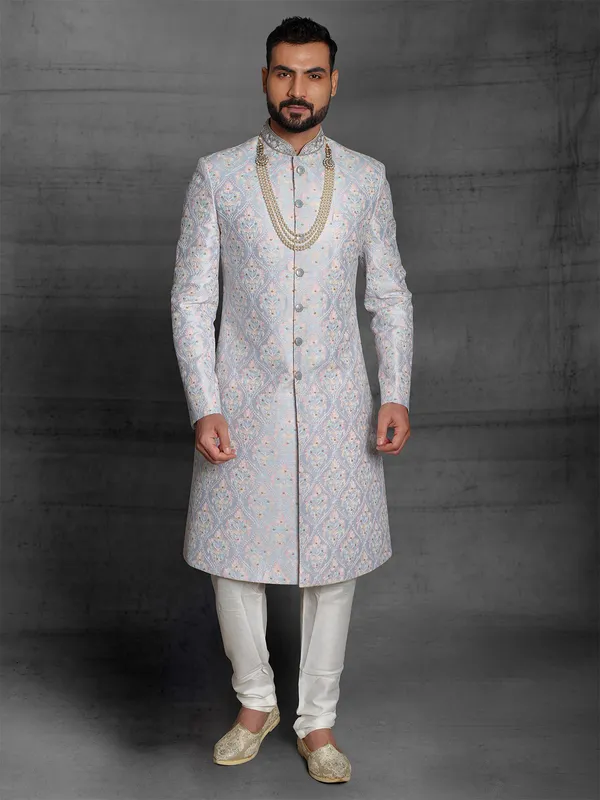 Lavender purple wedding sherwani in raw silk fabric