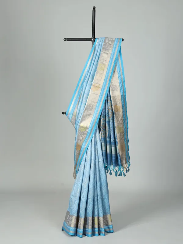 Sky blue zari weaving semi cotton silk festive wear saree
