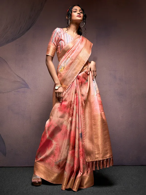 Soft silk printed peach saree