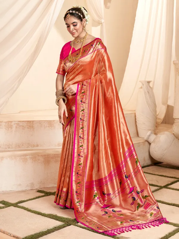 Soft tissue silk orange wedding wear saree