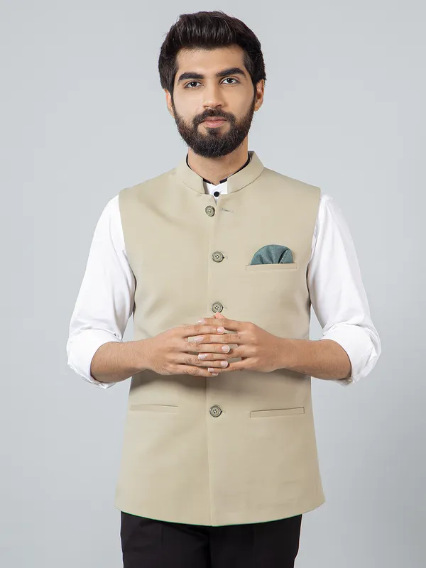 Solid beige cotton silk fabulous waistcoat for men