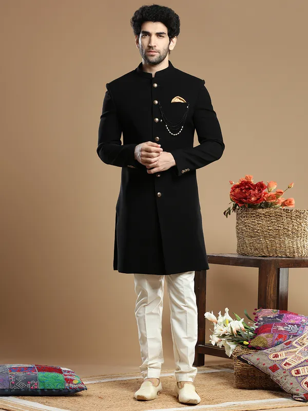 Solid black hued terry rayon indo western for wedding