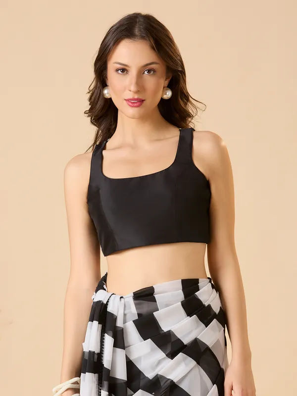 Solid black silk ready made blouse with round neck