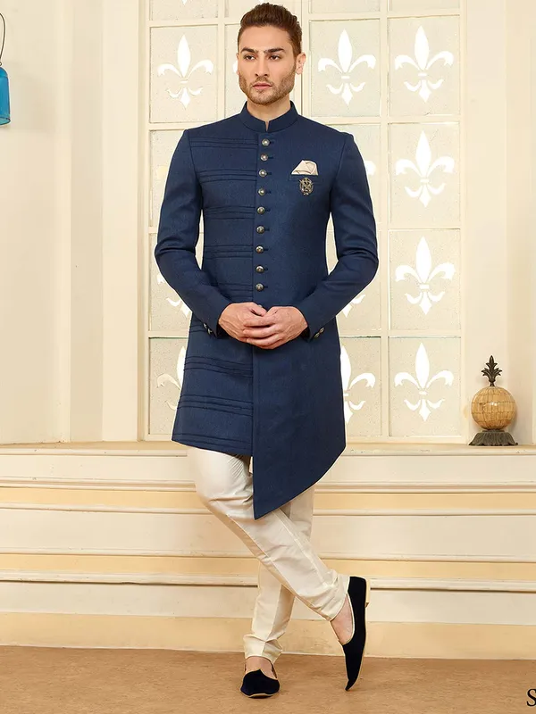 Solid blue terry rayon indo western for mens