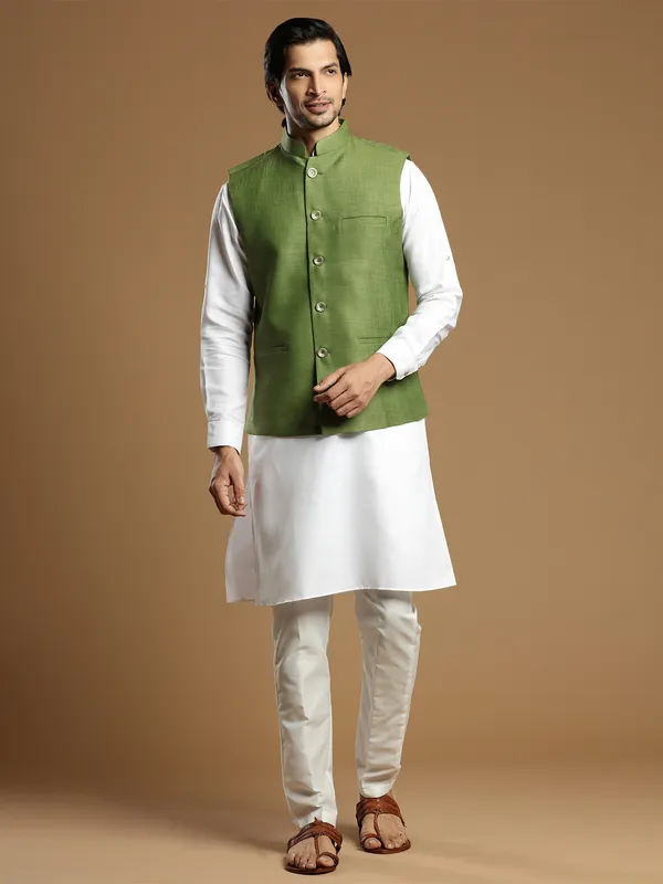 Solid cotton silk festive functions waistcoat set in moss green