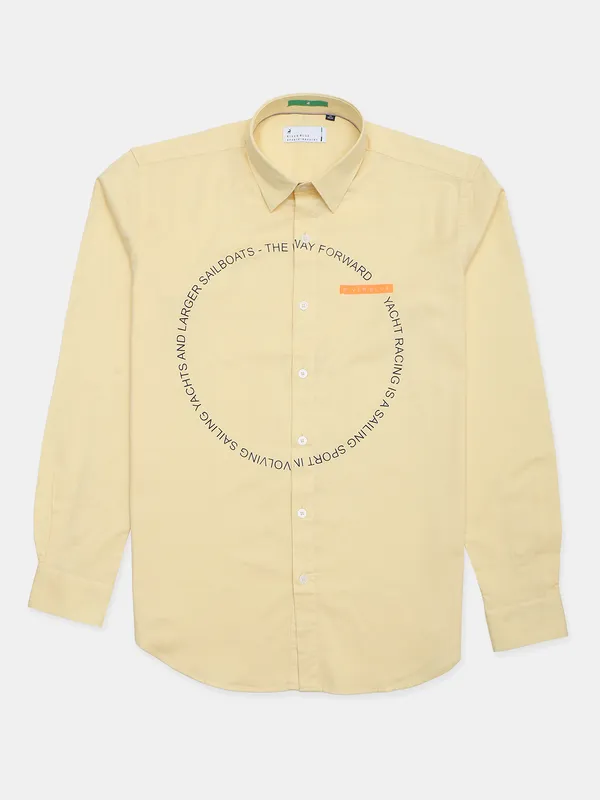 Solid lemon yellow casual cotton shirt for mens