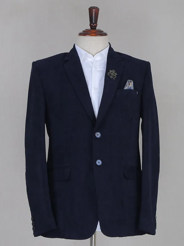 Solid navy party wear blazer in corduroy for men