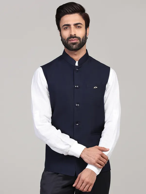 Navy Blue Solid terry rayon party wear waistcoat
