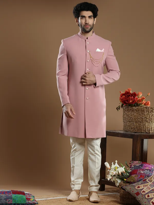 Solid pink hued terry rayon indo western for men
