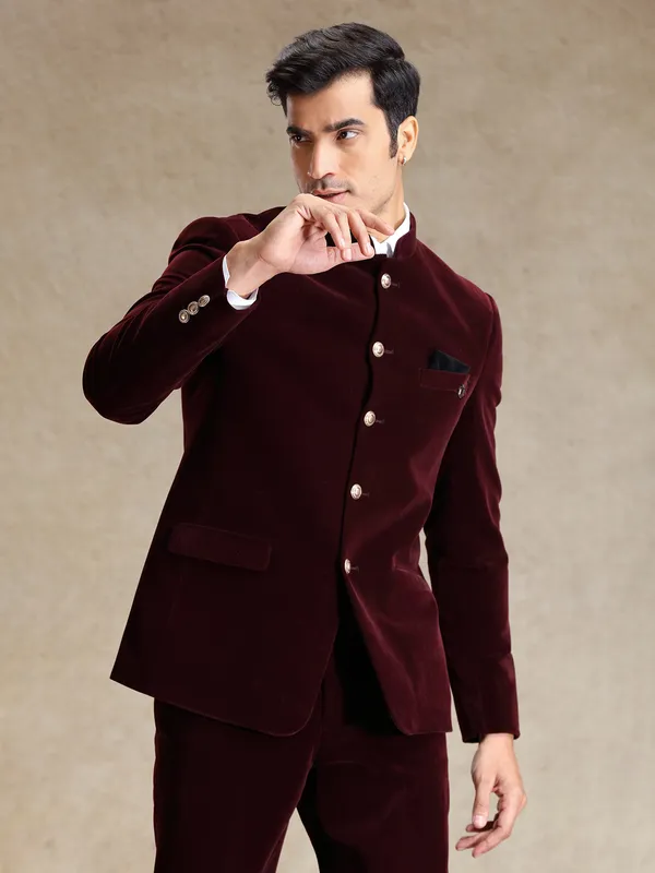 Solid wine velvet jodhpuri suit for wedding