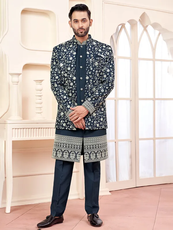 Sophisticated dark grey indowestern for wedding style