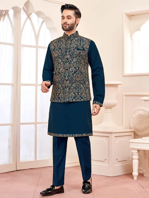 Sophisticated rama blue silk waistcoat set for special events