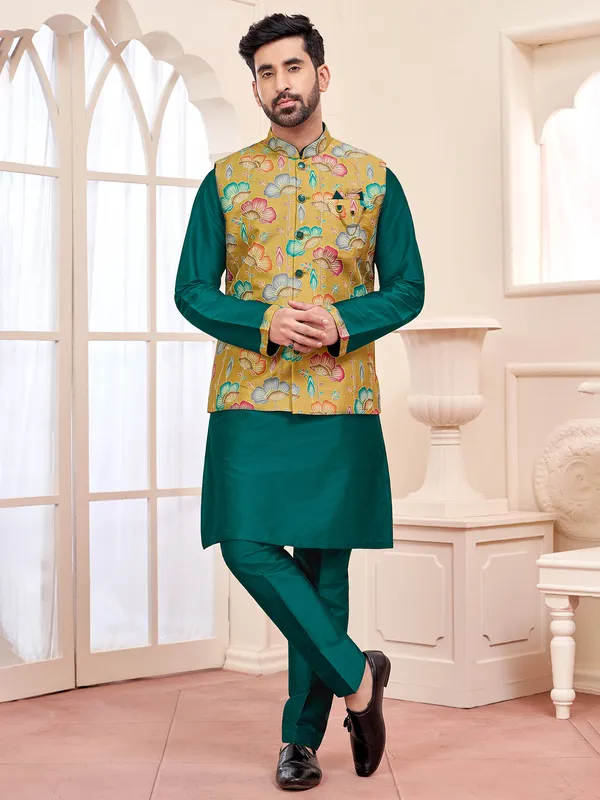 Sophisticated rama green silk waistcoat set for men