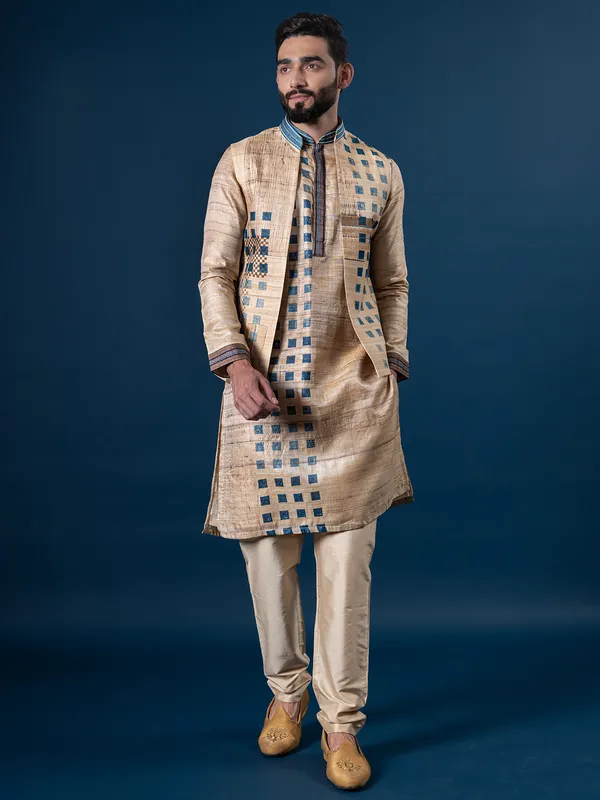 Sparkling traditional beige silk waistcoat set for men