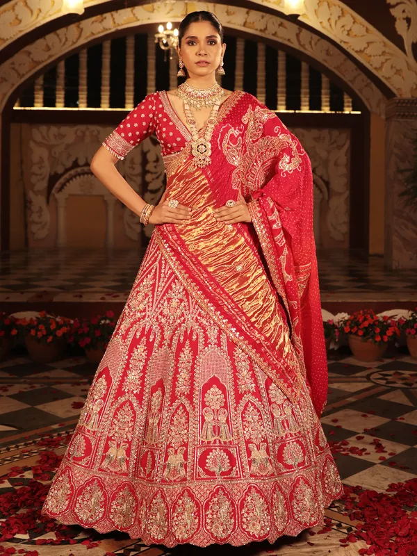 Splendid red lehenga choli in raw silk