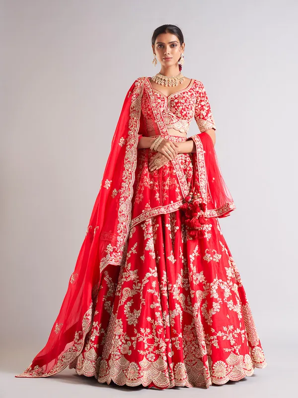 Splendid red raw silk lehenga choli