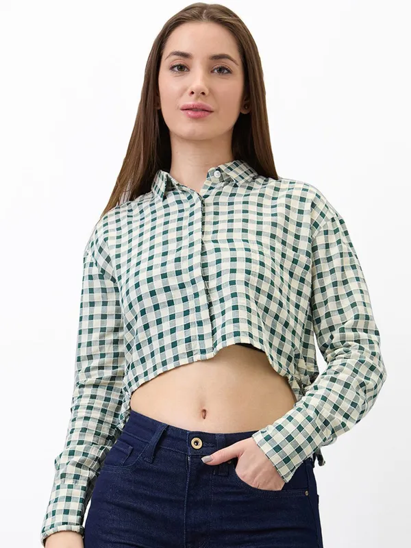 SPYKAR beige and green checks crop shirt