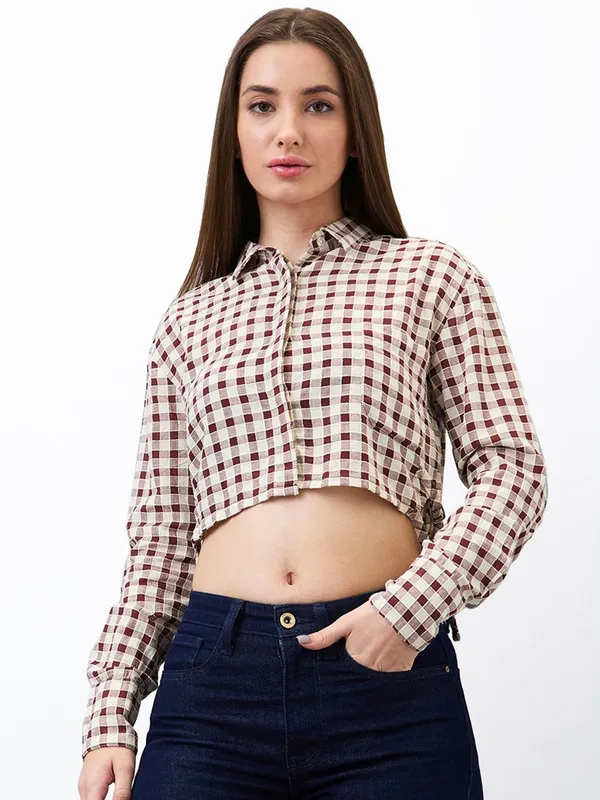 SPYKAR beige and maroon checks crop shirt
