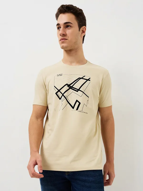 SPYKAR beige printed cotton t-shirt for casual wear