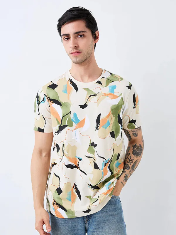 SPYKAR beige printed cotton t-shirt for men