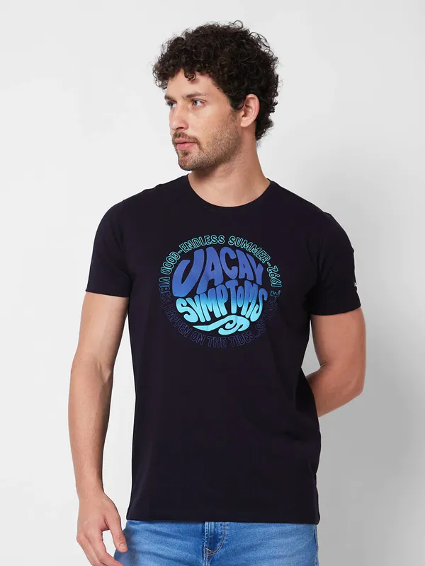 SPYKAR black cotton printed casual t-shirt
