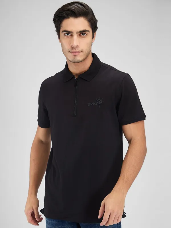 SPYKAR black polo with zipper closure cotton t-shirt
