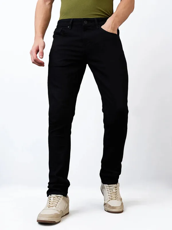 SPYKAR black solid denim slim fit jeans for men