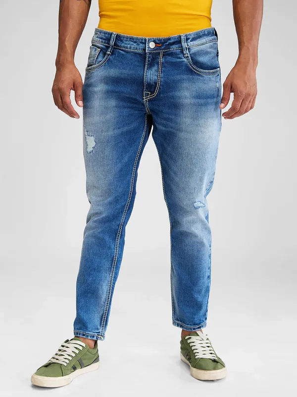 SPYKAR blue washed and ripped ankle legnth fit denim jeans
