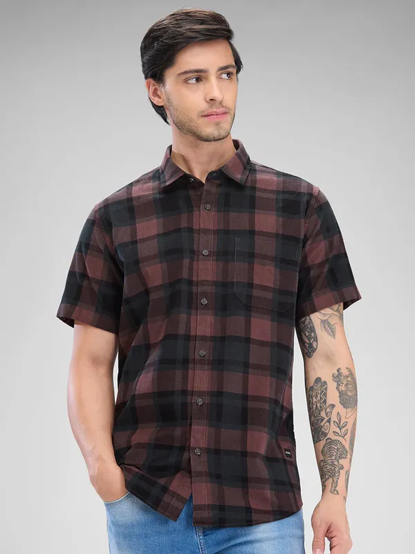SPYKAR brown checkered cottom shirt