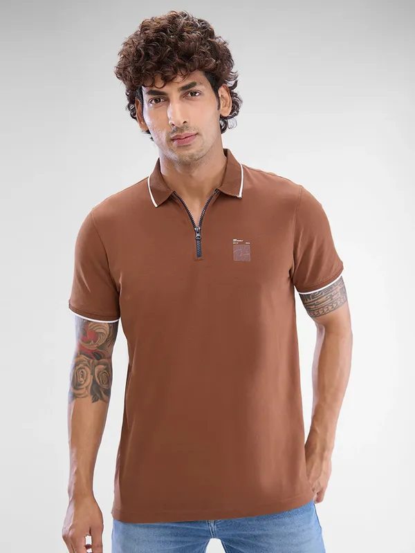 SPYKAR brown zipper polo cotton t-shirt