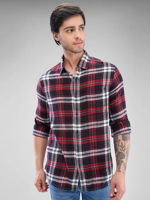 SPYKAR cotton fabric checks pattern shirt in red coloured