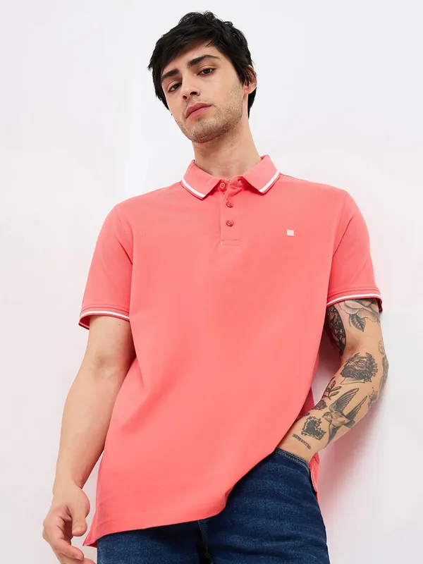 SPYKAR cotton peach polo t-shirt for men