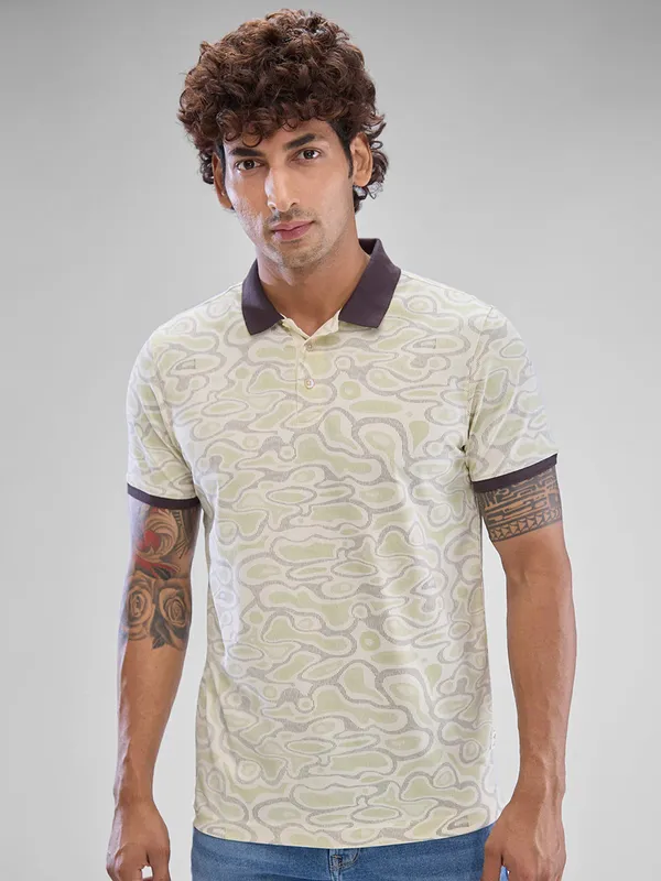 SPYKAR cream floral printed cotton t-shirt
