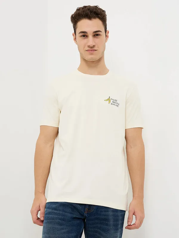 SPYKAR cream printed cotton t-shirt for men