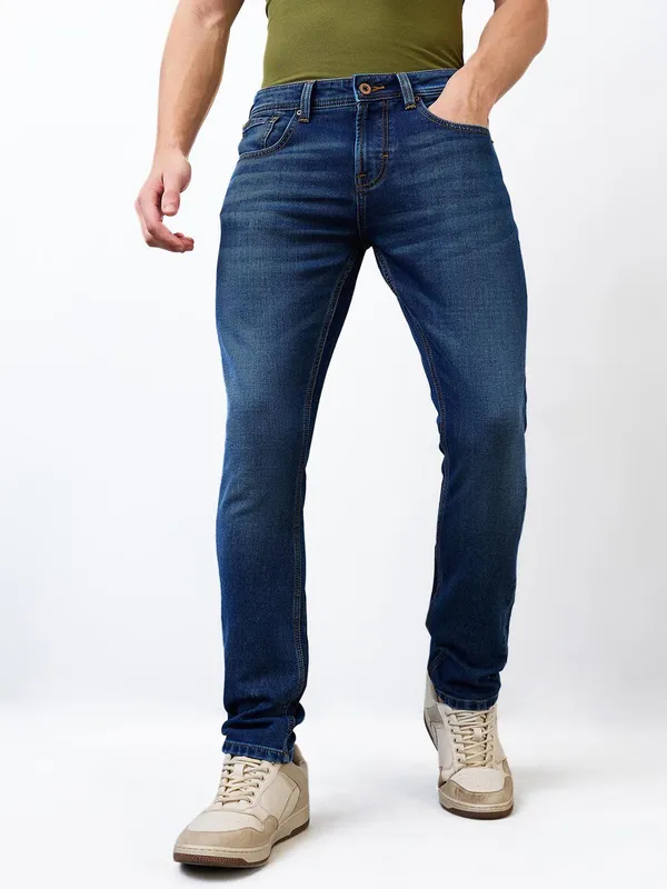 SPYKAR dark blue washed slim fit denim for men