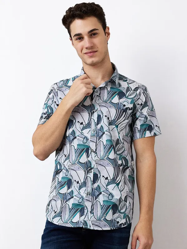 SPYKAR floral printed teal green casual wear shirt