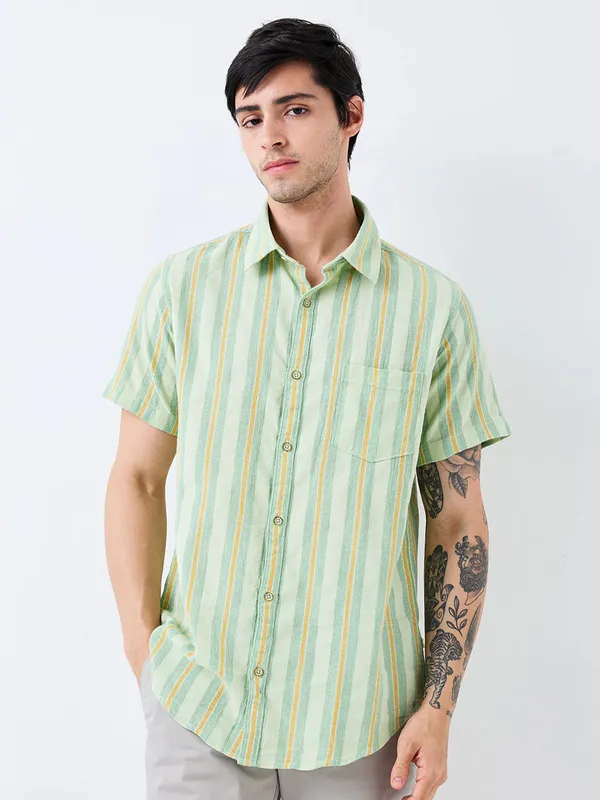 SPYKAR green striped cotton slim fit mens casual shirt