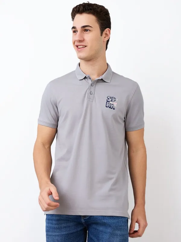 SPYKAR grey printed slim fit mens polo t-shirt