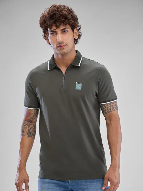 SPYKAR grey zipper polo cotton t-shirt