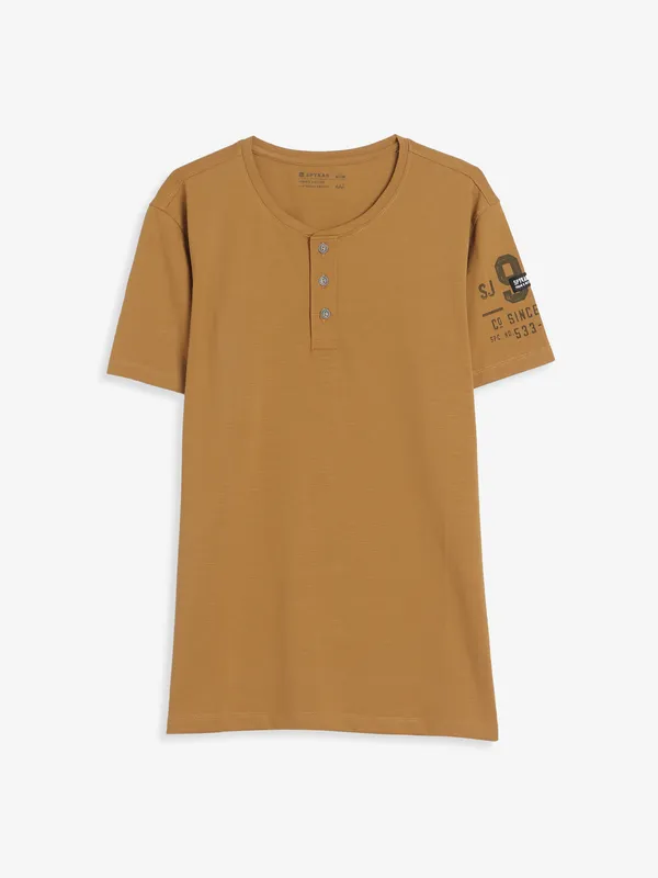 Spykar khaki cotton round neck t-shirt