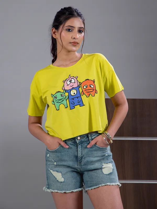 SPYKAR lemon green printed cotton crop t-shirt