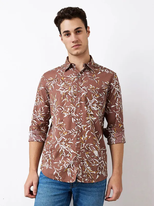 SPYKAR light brown printed casual shirt for men
