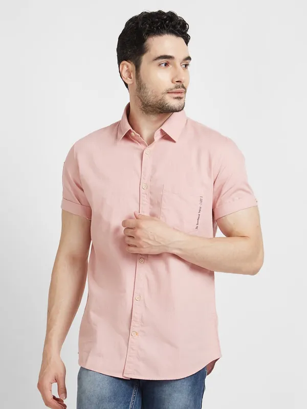 Spykar light pink plain shirt