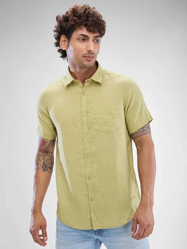 SPYKAR lime green casual linen shirt