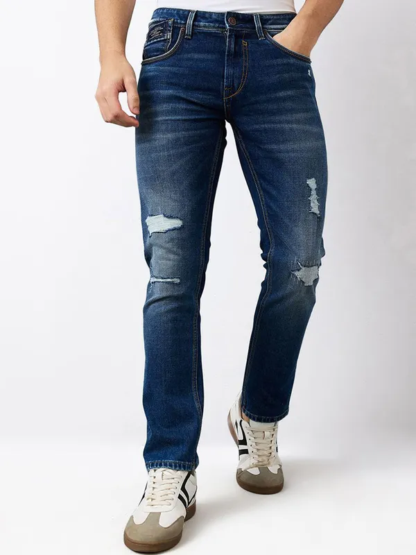 SPYKAR mid blue regular fit washed denim