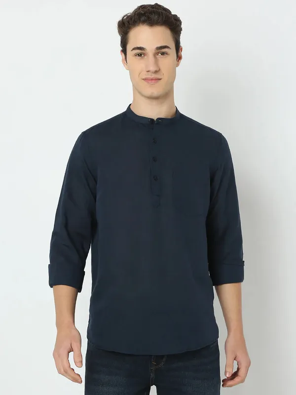 SPYKAR navy kurta style mens shirt