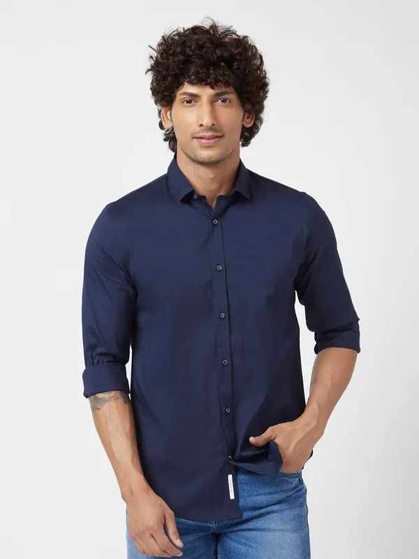 Spykar navy plain full sleeve shirt