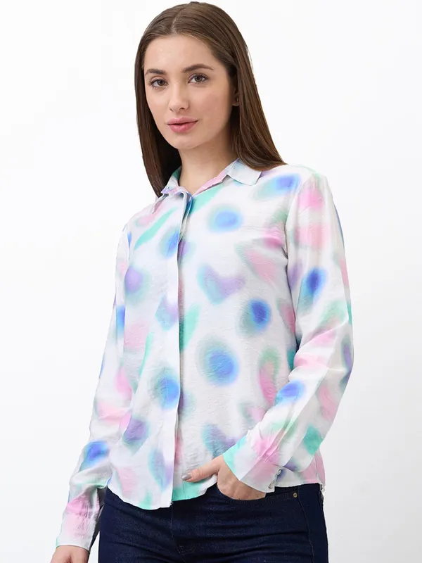 SPYKAR off-white printed silk shirt